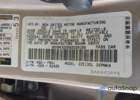 2008 Toyota Corolla Le from USA, damaged, VIN 1NXBR32E68Z028166